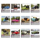 "Zensierter Inhalt" über verschiedenen Fahrzeugen. Kalenderstruktur mit Monatsnamen unten: Januar bis Dezember.