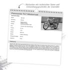 "Pannonia TLT Motorrad" und technische Details wie Bauzeit, Leistung, Hubraum. Schwarzweißfoto eines Motorrads.