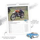 "übersichtliches Kalendarium mit Platz für Notizen"; "hilfreiche Monatsübersicht auf jeder Seite"; Bild eines Motorrads.