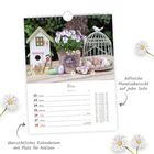 Text: "hilfreiche Monatsübersicht auf jeder Seite", "übersichtliches Kalendarium mit Platz für Notizen", "März".  
Ein Kalenderblatt mit Frühlingsmotiven und Ostereiern.