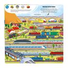 Illustration mit verschiedenen Zügen: Hochgeschwindigkeitszug, Dampflokomotive. Text: "Unterwegs auf der Schiene".