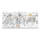 Eine schwarz-weiße Schloss-Illustration mit Menschen und Party-Dekorationen wie Luftballons und Kronleuchtern.