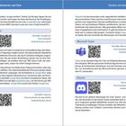 Seite mit blauer Kopfzeile: "Soziale Netzwerke und Chat", "Chatten mit dem Smartphone". QR-Codes und Logos von Google Meet, Snapchat, Microsoft Teams, Discord.