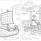Illustration im Stil von Minecraft mit einem Segelschiff links und einer Person beim Angeln auf einem Steg rechts.