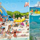 Zu sehen sind zahlreiche Menschen und Tiere an einem Strand, sowie Boote und ein Unterwasserausschnitt mit Tieren beschriftet.