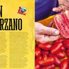 „SAN MARZANO“ in großen Buchstaben auf gelbem Hintergrund. Links Text über Tomaten, rechts Hände halten halbe Tomate.