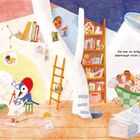 Links oben: "Die ganze Nacht über plante Picopaco die neue Stadt. Für jeden Vogel entwarf sie ein eigenes Haus." Rechts: "Sie war so aufgeregt, dass sie überhaupt nicht schlafen konnte." Illustration: Ein Vogel entwirft Pläne, andere schlafen.