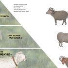 Illustration von Schafen in einer Wiese. Texthinweise: "Wir mäh'n also auch", "Aber vui mehr. Vui höher", "Und vui g'fählicher".