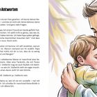 Links: Text über das Fehlen einer Mutter und die Suche nach Antworten. Rechts: Illustration eines Mannes, der liebevoll ein Kind umarmt.