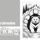 "Echtes Bärenglück." Illustration eines Bären in einer Höhle, umgeben von Bergen und Bäumen. Links kleine Bärenfamilie.