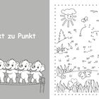 "Punkt zu Punkt" steht in großen Buchstaben. Links sind fünf fröhliche, umarmende Elefanten, rechts eine Punkt-zu-Punkt-Aufgabe.