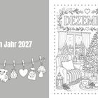 Links: "Dein Jahr 2027" über Glückssymbole an einer Leine. Rechts: "DEZEMBER" über einem festlich dekorierten Raum.