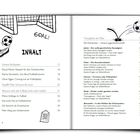 Text: "GOAL! INHALT..." An der Seite sieht man ein Fußballtor, einen Fußball, ein Bein beim Schuss und springende Bälle.