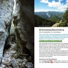 "Schneeberg-Überschreitung" ist der Titeltext. Links: eine schmale Felsenschlucht. Rechts oben: Berglandschaft mit Wald.