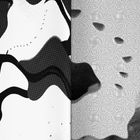 Zwei Hälften mit abstrakten, wellenförmigen Mustern; links grobe Punkte, rechts feines Rastermuster.