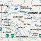 Karte mit Städtenamen: Hannover, Minden, Hameln, Hildesheim, Peine. Flüsse: Weser, Leine. Region: Wesergebirge.