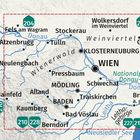Karte von Wien und Umgebung. Städte, Flüsse und Straßen hervorgehoben, darunter Wien, Klosterneuburg und die Donau.