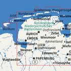 Karte mit Städtenamen wie "Norden", "Emden", "Wilhelmshaven". Meer in Blau, Festland in Weiß. "Nationalpark Niedersächsisches Wattenmeer".