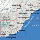 Karte mit Orten wie Genua, Savona, Imperia; zeigt die Küste am Ligurischen Meer und die Apuanischen Alpen.