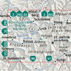 Karte mit Ortsnamen wie Damüls, Schoppernau, St. Anton und Ischgl. Text: "Biosphärenpark Großes Walsertal".