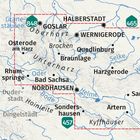 Karte des Harzes mit Orten wie Goslar, Nordhausen, Halberstadt. Markierte Flüsse: Selke, Helme. Rote Grenze um Gebiet.
