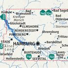 Kartenabbildung mit Städtenamen: Hamburg zentral, Lübeck, Stade, Pinneberg. Grüne Routen-Icons, rote begrenzte Linie.