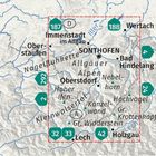 Karte der Allgäuer Alpen mit Orten wie Sonthofen, Oberstdorf und Lech, umgeben von nummerierten Straßen in grün.