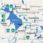 Karte der Müritz-Region mit Orten wie Waren und Röbel, Seen wie Müritz und Routen 855, 865, 743 markiert.