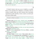 Texte: „...besuchte das Dorf nicht, seit /sie/ dreiundzwanzig Jahre /alt/ war“. „...vagamente las calles estrechas, el olor a romero y un burro gris joven que le daba miedo.“

Das Dokument ist eine Seite aus einem zweisprachigen Buch mit spanischem und deutschem Text.