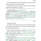 Textpassagen mit Erläuterungen in Klammern zu spanischen Begriffen. Seitenzahlen 13, 14, 20. Szenenhandlung mit Personen.