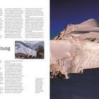 Text: "Einleitung." Rechts eine große, schneebedeckte Berglandschaft unter klarem Himmel. Links eine Doppelseite mit Text und kleinem Bild.