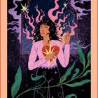 Die Magie der Emotionen. Eine Illustration zeigt eine Person mit einem Herzsymbol und lila Rauch, umgeben von Pflanzen und Sternen.