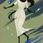 "DIE HEXE HERBANA" unten. Illustration einer Frau in einem weißen Kleid, schwebend zwischen Sternen auf grünem Hintergrund.