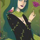 Text: "DIE GRÜNE HEXE". Eine Illustration einer Frau mit langen grünen Haaren, einem Vogel auf der Schulter und einer Blume.