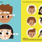 Links erklärt, woraus das Gesicht besteht: Augenbraue, Stirn, Auge, Wimpern, Nase, Ohr, Wange, Mund. Rechts bunte Kinder.