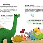 Einleitung über Baby-Dinosaurier. Für alle gedacht. Entscheidungsfreiheit beim Start des Abenteuers. Illustration von bunten Dinosauriern und Insekten.