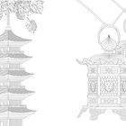 Links ein Pagodenturm unter Blättern, rechts drei laternenartige Strukturen, detailliert gezeichnet.