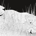 Diese Illustration zeigt zwei Löwen in Gras, mit dekorativen, verschlungenen Mustern auf ihren Körpern.