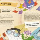Vorwort: Hallo, hast du deinen Rucksack gepackt? Es gibt keinen Grund zu warten: Es ist Zeit aufzubrechen! Bunte, verspielte Illustration mit Kompass, Büchern, Globus und Teleskop.