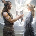 Oben „2“ und Runen, darunter ein Mann in Rüstung und eine Frau, die Trinkhörner halten, vor Bergen mit Regenbogen.