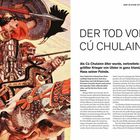 Logo: DER ULSTER-ZYKLUS
Titel: DER TOD VON CÚ CHULAINN

Illustration von Kriegern in Kampfkleidung auf einem Streitwagen.