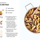„ENTE UND PILZE“, Rezept mit Zutaten: Rigatoni, Entenconfit, Champignons, Knoblauch, Schnittlauch, Parmesan. Zubereitung links.