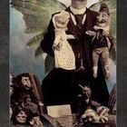 HANDLUNG DER LIEBE: JA ODER NEIN. Illustration eines Mannes mit Puppen und Feenflügeln. Märchenhafte Szene.