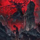 „WEBNOVEL“-Logo unten links. Illustration: Gefesselte Figuren vor einem riesigen Krieger und rotem Baum im Hintergrund.