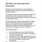 Text: „Die Macht des bedeutungsvollen Schweigens“. Es beschreibt die Bedeutung von Schweigen in der Kommunikation.