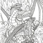 Zwei Drachen mit Schuppen und Flügeln in einer Höhle, umgeben von Felsen und Stalaktiten, detailliert illustriert.