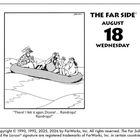 "The Far Side" August 18 Wednesday. Illustration: Drei Menschen in einem Boot in den Bergen, einer fühlt Regentropfen.