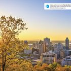 Text: "Hiking up forested trails in Parc du Mont-Royal and watching the sunrise..."  
Beschreibung: Baum im Vordergrund, darunter Stadtansicht im Sonnenaufgang.