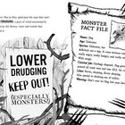 Links ein Schild: "LOWER DRUDGING KEEP OUT! (ESPECIALLY MONSTERS!)". Rechts Monster-Infoblatt über einen "Dog".