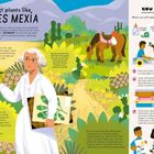 "Collect plants like, YNÉS MEXÍA" steht oben fett. Links steht eine ältere Frau in der Natur, mit Pflanzen umgeben. Rechts Anleitungen zum Pflanzenpressen.